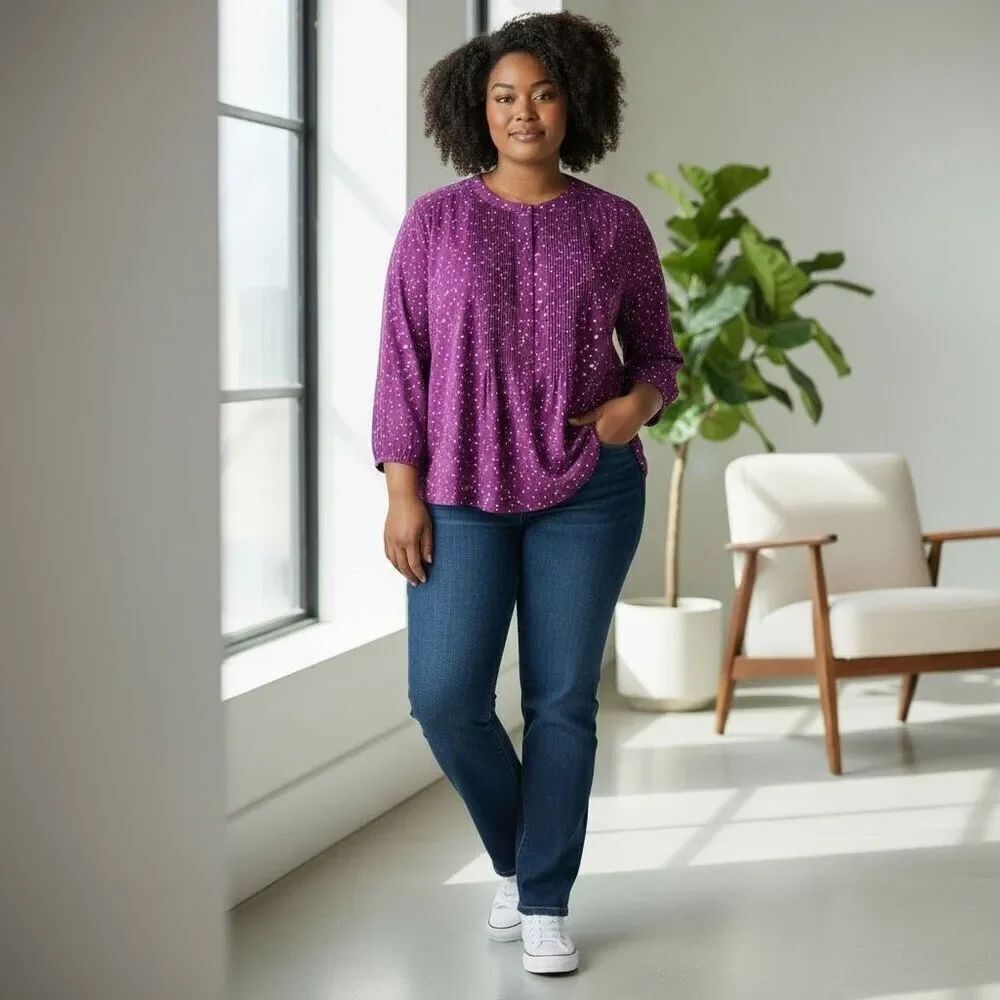 Woman Within Purple Printed Pleated Button Front Blouse Plus Size 3X(30/32)